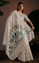 Off-White Striped Soft Cotton Handwoven Jamdani Saree with Bird Motif Pallu