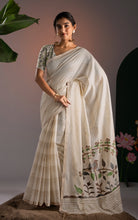 Off-White Striped Soft Cotton Handwoven Jamdani Saree with Bird Motif Pallu