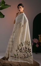 Off-White Striped Soft Cotton Handwoven Jamdani Saree with Bird Motif Pallu
