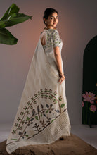 Off-White Striped Soft Cotton Handwoven Jamdani Saree with Bird Motif Pallu