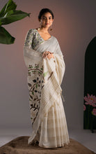 Off-White Striped Soft Cotton Handwoven Jamdani Saree with Bird Motif Pallu