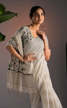 Off-White Striped Soft Cotton Handwoven Jamdani Saree with Bird Motif Pallu
