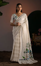 Off-White Striped Soft Cotton Handwoven Jamdani Saree with Bird Motif Pallu