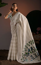 Off-White Striped Soft Cotton Handwoven Jamdani Saree with Bird Motif Pallu