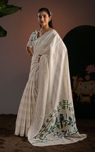 Off-White Striped Soft Cotton Handwoven Jamdani Saree with Bird Motif Pallu