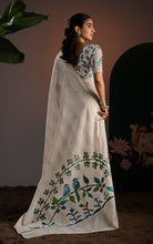 Off-White Striped Soft Cotton Handwoven Jamdani Saree with Bird Motif Pallu