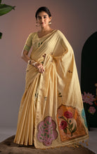 Pastel yellow handwoven soft Jamdani saree with botanical medallion pallu, full-length front view model shot.

Target Keywords: pastel yellow ja