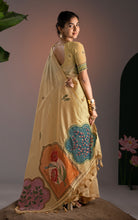 Back view showing full pallu spread of a pastel yellow Jamdani saree with pink, orange, and teal floral medallions.
