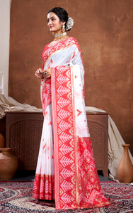 Traditional Skirt Nakshi Work Soft Jamdani Saree in Off White, Bright Red and Golden