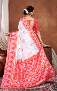 Traditional Skirt Nakshi Work Soft Jamdani Saree in Off White, Bright Red and Golden