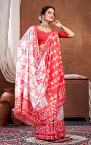 Traditional Woven Nakshi Work Soft Jamdani Saree in Off White, Red and Golden