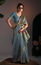Soft Cotton Woven Paithani Minakari Saree Thread Nakshi Work in Blue Grey and Multicolored