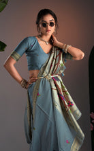 Soft Cotton Woven Paithani Minakari Saree Thread Nakshi Work in Blue Grey and Multicolored