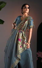 Soft Cotton Woven Paithani Minakari Saree Thread Nakshi Work in Blue Grey and Multicolored