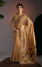 Soft Cotton Woven Paithani Minakari Saree Thread Nakshi Work in Warm Beige Gold and Multicolored
