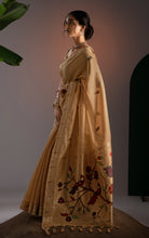 Soft Cotton Woven Paithani Minakari Saree Thread Nakshi Work in Warm Beige Gold and Multicolored