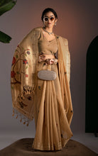 Soft Cotton Woven Paithani Minakari Saree Thread Nakshi Work in Warm Beige Gold and Multicolored