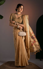 Soft Cotton Woven Paithani Minakari Saree Thread Nakshi Work in Warm Beige Gold and Multicolored