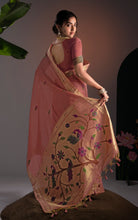 Soft Cotton Woven Paithani Minakari Saree Thread Nakshi Work in Pale Rose Pink and Multicolored