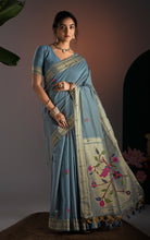 Soft Cotton Woven Paithani Minakari Saree Thread Nakshi Work in Blue Grey and Multicolored