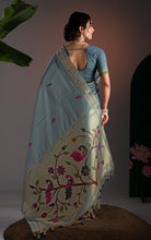 Soft Cotton Woven Paithani Minakari Saree Thread Nakshi Work in Blue Grey and Multicolored