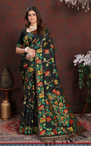 Tantuja Inspired Traditional Soft Jamdani Saree in Black, Golden and Multicolored Nakshi Thread Weave