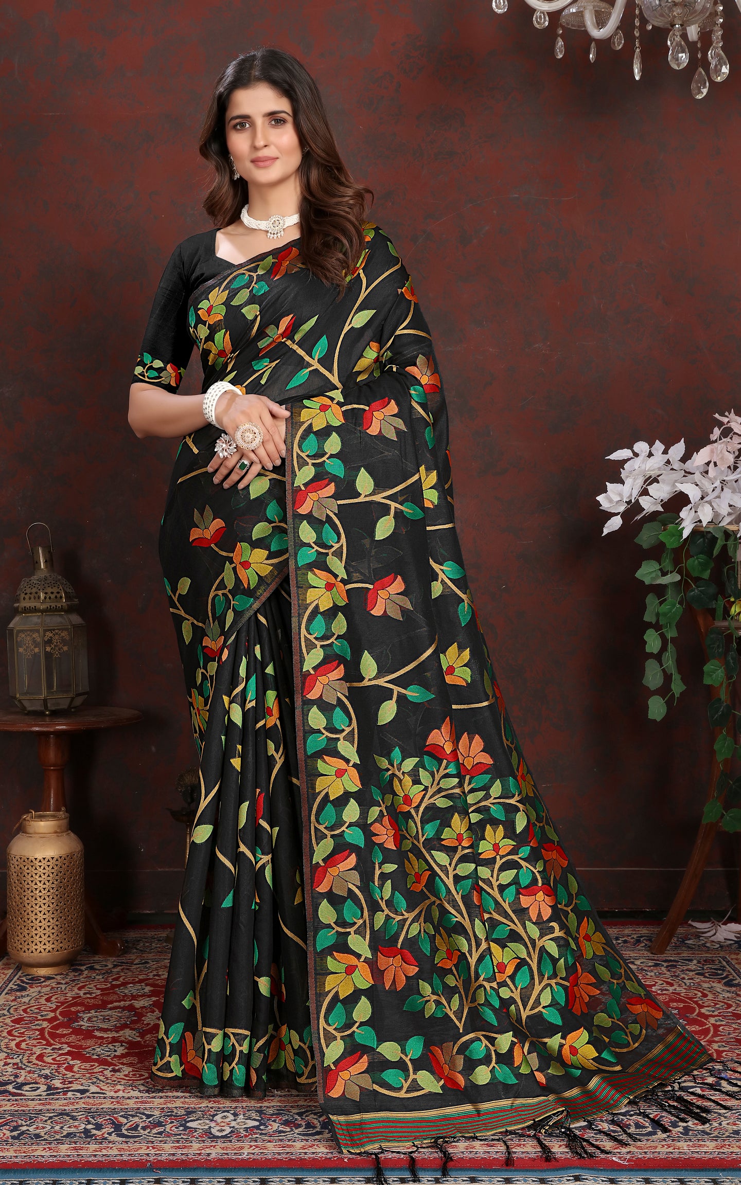 Tantuja Inspired Traditional Soft Jamdani Saree in Black, Golden and Multicolored Nakshi Thread Weave