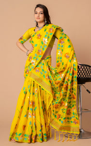 Tantuja Inspired Traditional Soft Jamdani Saree in Yellow, Green and Multicolored Nakshi Thread Weave