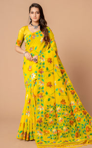 Tantuja Inspired Traditional Soft Jamdani Saree in Yellow, Green and Multicolored Nakshi Thread Weave