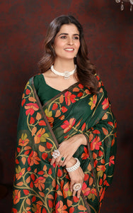 Tantuja Inspired Traditional Soft Jamdani Saree in Dark Green, Red and Multicolored Nakshi Thread Weave