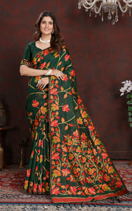 Tantuja Inspired Traditional Soft Jamdani Saree in Dark Green, Red and Multicolored Nakshi Thread Weave