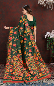 Tantuja Inspired Traditional Soft Jamdani Saree in Dark Green, Red and Multicolored Nakshi Thread Weave