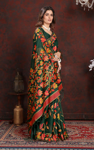 Tantuja Inspired Traditional Soft Jamdani Saree in Dark Green, Red and Multicolored Nakshi Thread Weave