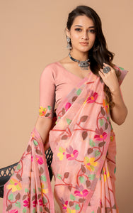 Tantuja Inspired Traditional Soft Jamdani Saree in Candle light Peach, Hot Pink and Multicolored Nakshi Thread Weave