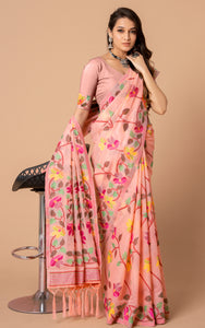 Tantuja Inspired Traditional Soft Jamdani Saree in Candle light Peach, Hot Pink and Multicolored Nakshi Thread Weave