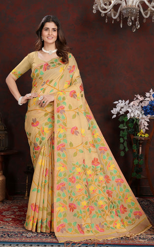 Tantuja Inspired Traditional Soft Jamdani Saree in Warm Beige, Golden and Multicolored Nakshi Thread Weave