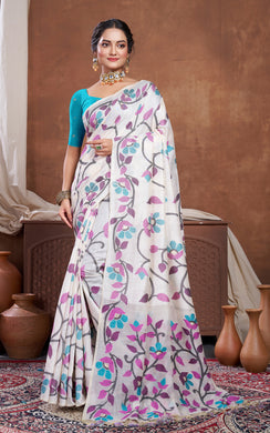 Woven Nakshi Floral Work Soft Jamdani Saree in Off White, Wine and Multicolored