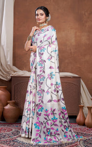 Woven Nakshi Floral Work Soft Jamdani Saree in Off White, Wine and Multicolored