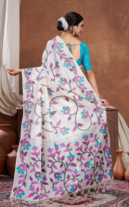 Woven Nakshi Floral Work Soft Jamdani Saree in Off White, Wine and Multicolored