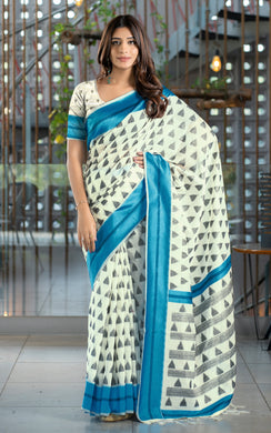 Designer Soft Jamdani Saree in Off White, Black and Blue