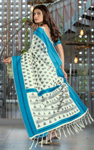 Designer Soft Jamdani Saree in Off White, Black and Blue