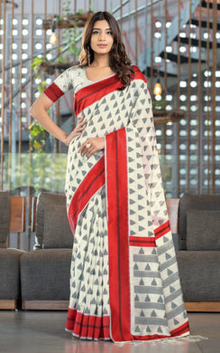 Designer Soft Jamdani Saree in Off White, Black and Red