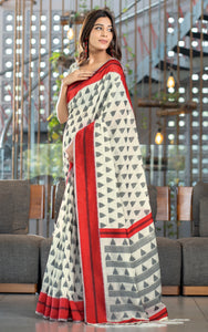 Designer Soft Jamdani Saree in Off White, Black and Red