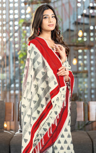 Designer Soft Jamdani Saree in Off White, Black and Red