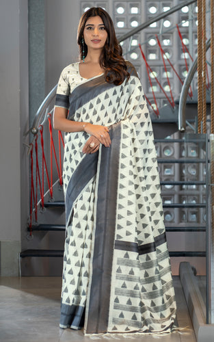 Designer Soft Jamdani Saree in Off White and Metallic Grey Thread Weave