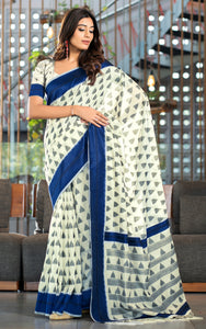 Designer Soft Jamdani Saree in Off White, Black and Navy Blue