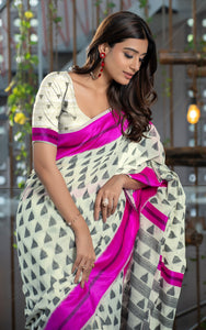 Designer Soft Jamdani Saree in Off White, Black and Pink