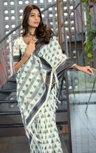 Designer Soft Jamdani Saree in Off White, Black and Metallic grey