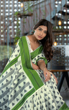 Designer Soft Jamdani Saree in Off White, Black and Green
