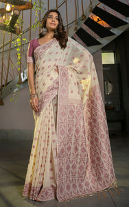Tantuja Inspired Traditional Floral Nakshi Butta Work Soft Jamdani Saree in Royal Beige, Mauve and Matt Goden